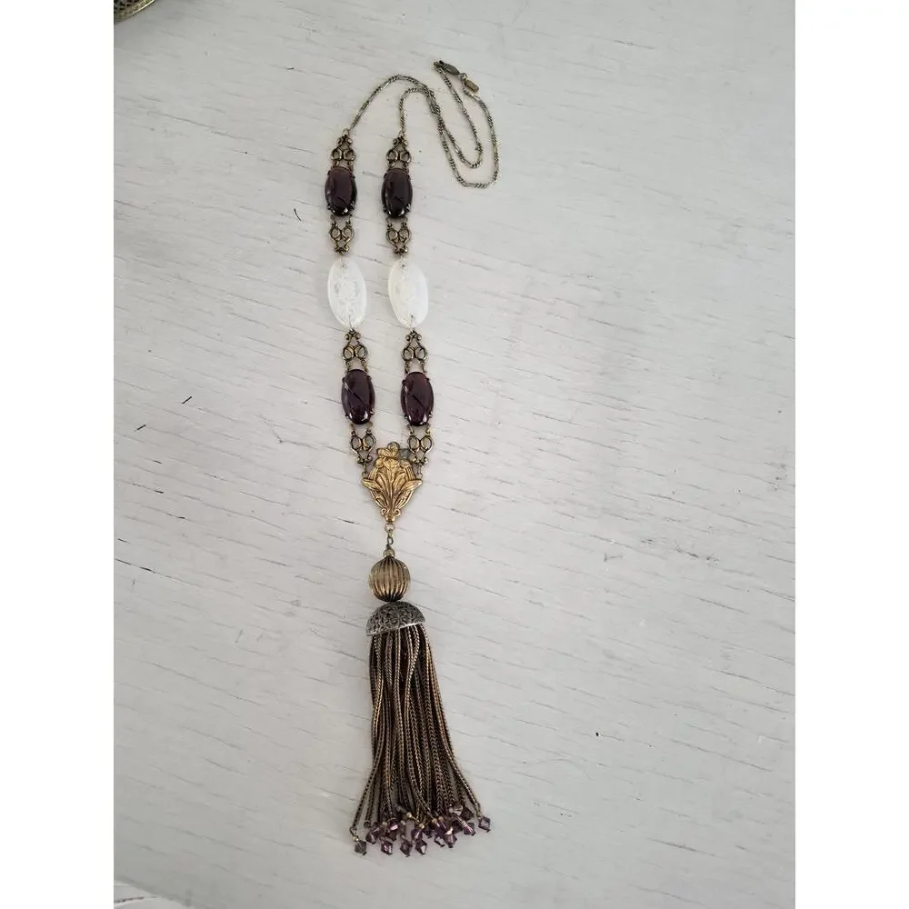 Vintage Signed Sadie Green Amethyst Colored Tassel Necklace